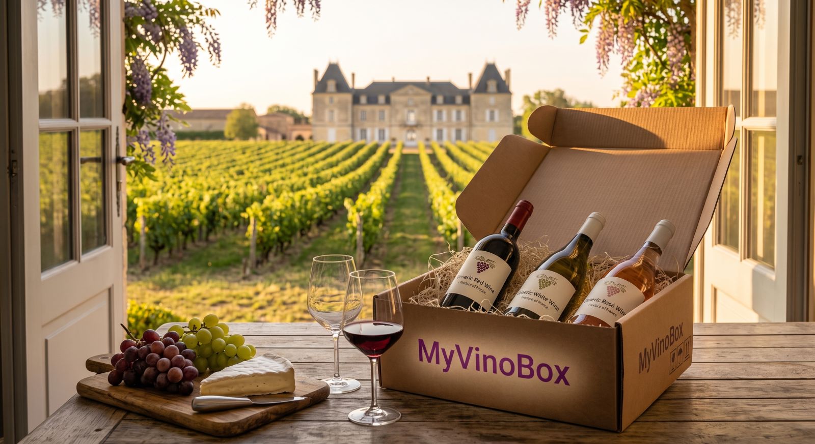 Eine myVINOBOX mit drei Flaschen Wein